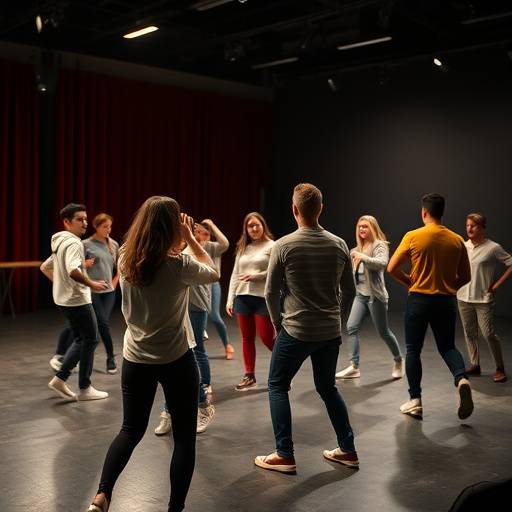 Acteurs pratiquant des mouvements scéniques pendant un cours de théâtre